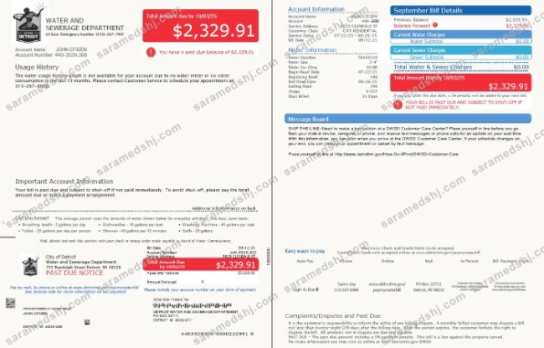 USA Glendale Water and Sewerage Department utility bill template in Word and PDF formats, 2 pages